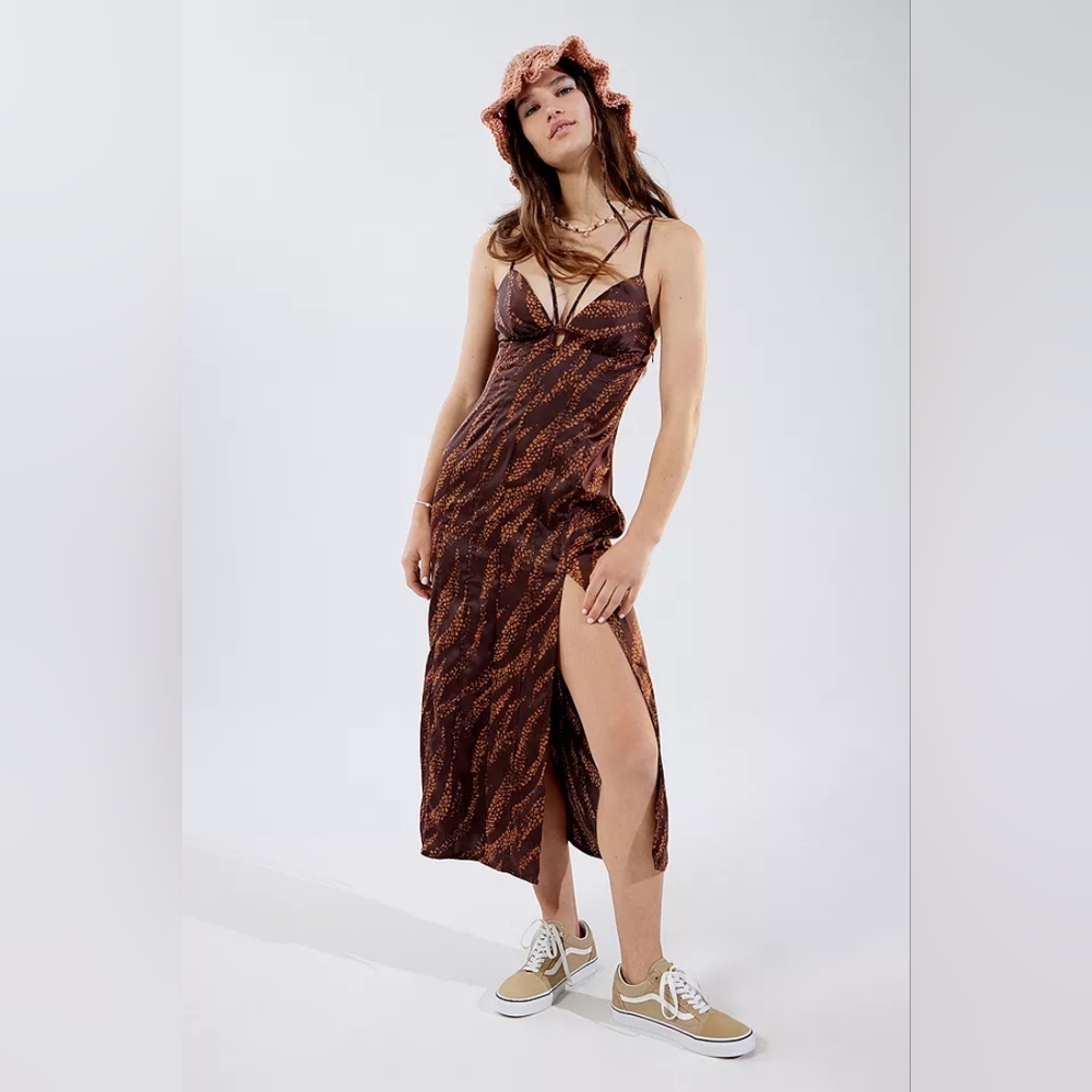 Urban Outfitters First Light Cut Out Brown Printed Midi Slip Dress Size XS